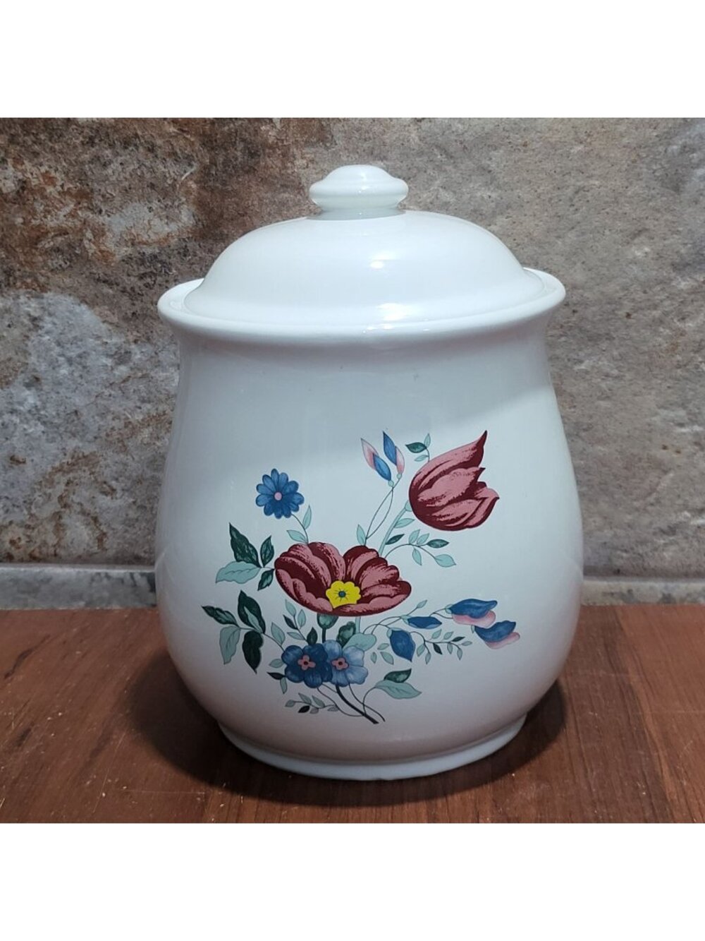 Vintage XL White Ceramic Porcelain Kitchen Canister Floral Red Blue Flowers